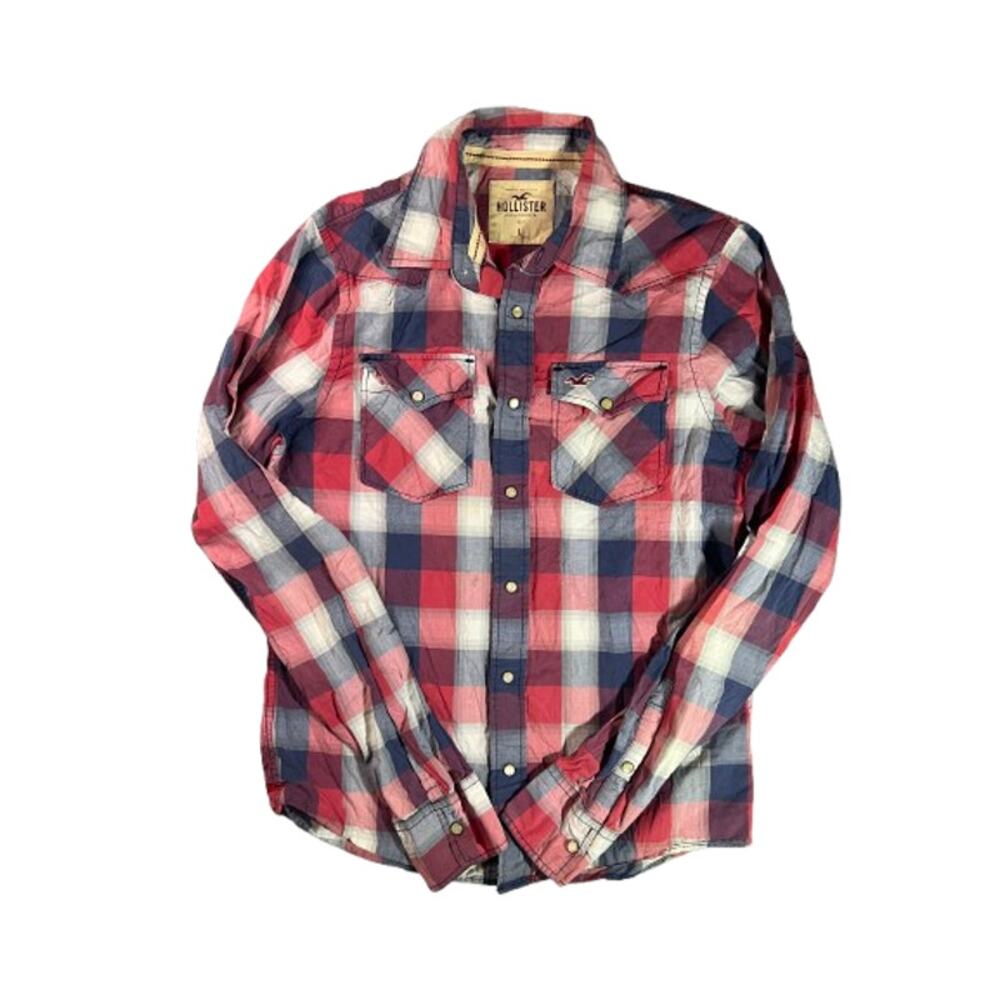 Hollister red blue plaid western-style long-sleeve shirt pearl snap mens L